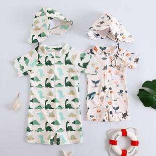 Children's Cartoon One-Piece Swimsuit for Boys, Quick-Drying Sun-Protective Swimwear, Cute Dinosaur Ocean-Themed Swimsuit for Babies