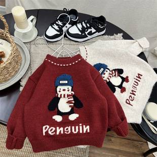 Boys' Red Sweater Children's Winter Thickened Baby Knit Top Toddler Boy Festive New Year Winter Outfit