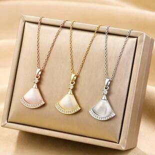 Cross-Border Hot-Selling Titanium Steel Necklace for Women, Light Luxury Ins-Style Titanium Steel Necklace with White Mother-Of-Pearl Fan-Shaped Pendant Jewelry