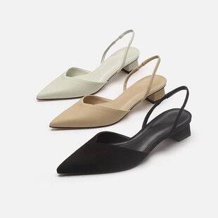 Pointed Toe Women's Sandals with Thick Heels 2025 Spring and Summer High Heels Professional Sandals with Medium Heels Simple Toe-Back Hollow Sandals