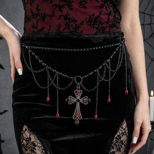 Dark Gothic Black Pearl Cross Waist Chain with Vintage Multi-layer Chains and Red Water Drop Pendant - Halloween Body Accessory
