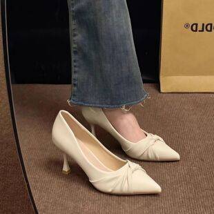 French-style elegant and casual high-heeled shoes for commuting, new soft leather pointed-toe shallow shoes that are comfortable and don't tire the feet, suitable for work, women's single shoes