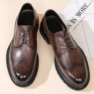 2026 Autumn New Genuine Leather Men's Shoes Brogue Formal Leather Shoes Brown British Style Height-Increasing Business Leather Shoes for Men