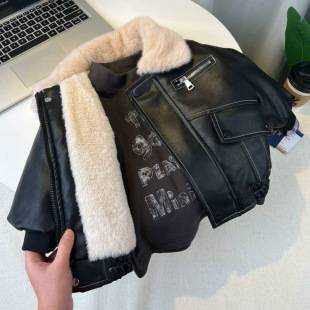 Boys' Fleece-Lined Leather Jacket, Boys' Winter Thickened Coat, Children's Rabbit Fur-Lined Jacket, Baby Boy's Winter Warm Cotton-Padded Jacket