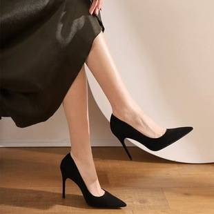 Black Suede Work Shoes with Large Heels, Size 42, Spring and Autumn 2025, Shallow Professional Pointed Toe New High Heels for Women