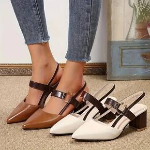 Open-Toe Sandals for Women, Spring and Summer New Style, Pointed Toe, Chunky Heel, Mid-Heel, Ankle Strap, Versatile High Heels