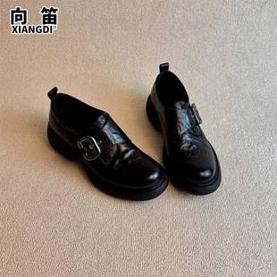 Leather British-style buckle loafers for women, 2026 autumn and winter new model, black thick-soled casual leather shoes