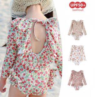 Girls' Instagram-Style Beach Vacation Backless One-Piece Swimsuit, 26-Year-Old Baby Long-Sleeve Sun-Protective Swimsuit, Cute Princess Swimwear