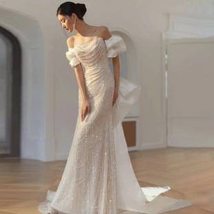 2026 New Style Light Wedding Dress, Off-Shoulder Bridal Gown for Toasting, High-End Light Luxury Niche Mermaid Engagement Dress