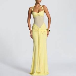 Cross-Border Wholesale European and American Clothing New Style Mesh Splicing Temperament Fishtail Ribbon Dress Skirt Hip-Hugging Dress for Women