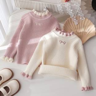 Girls' Autumn and Winter Thickened Sweater Western Style Bow Embroidery Stitching Contrast Color Knitted T-Shirt Baby Girls' Warm Top