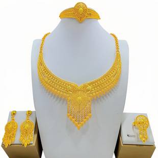Cross Border 24K Gold Plated Set Dubai Saudi Jewelry Set Bride Wedding Necklace Earrings Ring Hand Four Piece Set