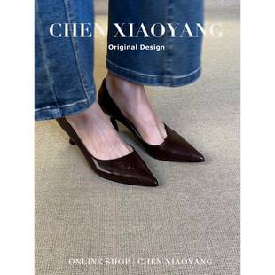 Cowhide Version~Black High-Heeled Shoes for Women, Cat Heel, 2026 New Style, French Pointed Toe, Medium Heel, Professional Work Shoes