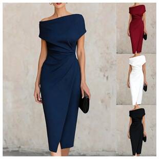 2026 European and American Amazon Independent Site Off-Shoulder Waist-Cinching Ruched Dress for Parties and Work with Slit