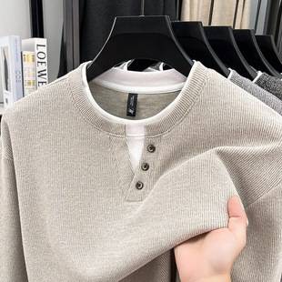 Button-collar old money style faux two-piece sweatshirt for men, autumn and winter fashion, patchwork round-neck long-sleeve T-shirt top, base shirt