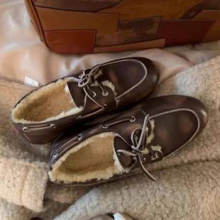 In-Stock Cowhide Version~ New Korean Style Distressed Round-Toe Fleece-Lined Loafers Versatile Genuine Leather Flat Shoes for Women