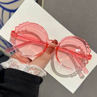 2025 New Style Kidsren's Sunglasses Korean Style Round Frame Pearl Kidsren's One-Piece Glasses Anti-Uv Baby Sunglasses
