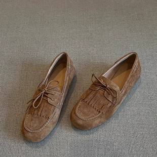 In Stock~ Retro Genuine Leather Slip-On Plush Loafers for Women, Suede Tassel Lace-Up Round-Toe Flat Loafers
