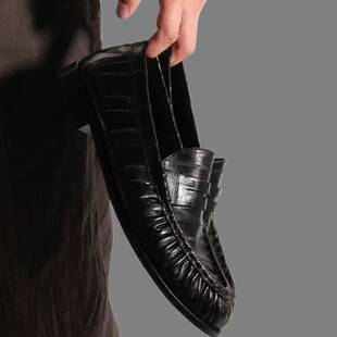 Pleated Eel-Pattern Leather Slip-On Loafers, Simple Retro Genuine Leather Shoes, Men's Casual Leather Shoes