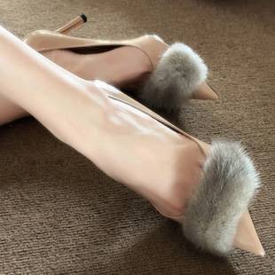 2026 New Autumn and Winter Furry Shoes Nude Color Stiletto Pointed Toe High Heels Comfortable for Feet Elegant and Sexy Single Shoes for Women