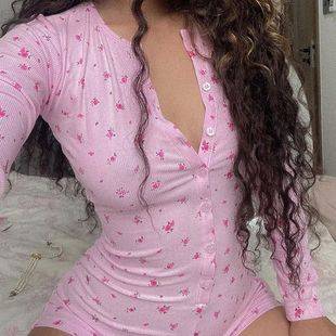 In-Stock Cross-Border European and American Casual Women's Floral One-Piece Shorts, Long-Sleeve Sexy Slim-Fit Loungewear, Bodycon Shorts