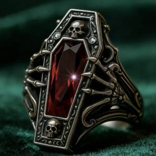 Sanjie 2026 New Eco-Friendly Alloy Ring Retro Skull Punk Jewelry Halloween Red Diamond Antique Gold