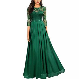 Amazon Evening Dress European Station Spliced Chiffon Dress Round Neck Lace Long Skirt Evening Dress Women's Clothing