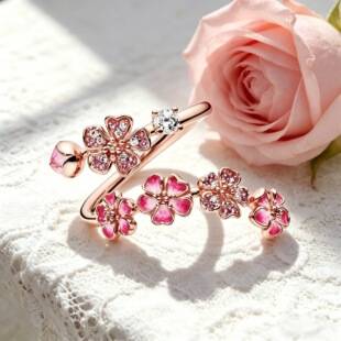 Exquisite and elegant rose gold peach blossom inlaid bead ring for women, niche design, light luxury, high-end feel, direct from the manufacturer