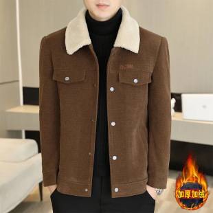 Men's Autumn and Winter Lapel Jacket Pure Color with Fur Collar Cashmere Woolen Jacket Fleece-Lined Warm Middle-Aged Coat