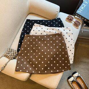 Hot girl Korean style polka dot suede skirt for women, high-waisted slimming A-line skirt, anti-exposure versatile bodycon short skirt