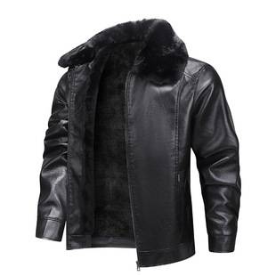 2026 Fleece-Lined Thick Leather Jacket for Men with Fur Collar, Cotton Coat for Men, Windproof and Waterproof Dad-Style Business Jacket for Middle-Aged and Elderly Men