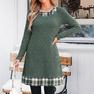 In-Stock 2026 Autumn and Winter New Cross-Border Amazon Knit Dress Elegant Casual Plaid Patchwork Dress