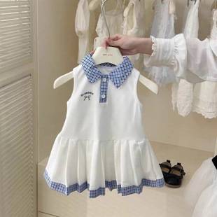 Girls' Summer Dress New Fashionable Children's Polo Collar College Style Sleeveless Princess Dress for Baby Girls