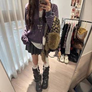 Purple and Gray Striped Light Asian Style Stand Collar Short Jacket for Women Early Autumn Super Nice Zipper Sweatshirt Cardigan Jacket Top