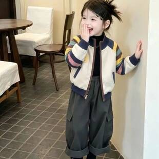 New autumn and winter styles for girls' outerwear: super cute and fashionable color-block striped tops and baby baseball jackets
