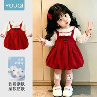 Youqi baby girl dress, infant clothing, spring and autumn princess dress, Chinese style dress for girls, suitable for full moon, 100 days, and first birthday
