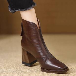 Cross-Border Large Size Back Zipper High-Heeled Fashion Boots for Women 2025 Autum New Thick Heel Retro Square Toe Slim Short Boots