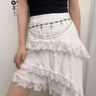Imitation jade and bamboo bead waist chain for women, featuring a unique cross pendant, multi-layered design, and trendy fashion accessories