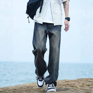 Autumn Washed Denim Jeans for Men, New Trendy Brand, Loose Fit, Versatile Straight-Leg American High Street Retro Wide-Leg Casual Pants