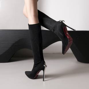 Black elastic over-the-knee boots for women, pointed toe, stiletto heels, red soles, slimming boots, new autumn and winter fashion boots