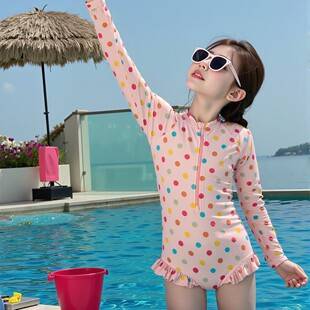 Children's Swimsuit Girls' Long-Sleeved Sun Protection Quick-Drying One-Piece Girls' Swimsuit Girl's Sweet Polka Dot Swimsuit Baby Hot Spring
