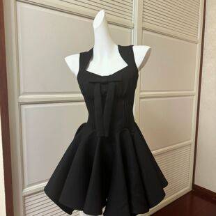 Birthday dress, tutu dress, princess dress, bow-tie dress, elegant sleeveless waist-cinching dress, beige dress
