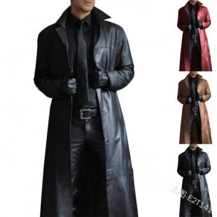 Men's Fashionable and Bold Gambler Style Solid Color Windbreaker Slim Fit Long Leather Jacket W170