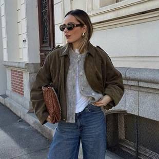 European and American Cross-Border Women's Clothing 2025 Early Spring New Fashion Suede Texture Effect Bomber Jacket Jacket Top