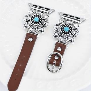 Retro Breathable Pu Leather with High-End Metal Embellished Turquoise Watch Strap Suitable for Apple Samsung Huawei