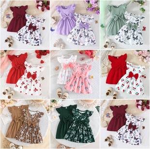New Summer Girls' Bowknot Dress, Ribbed Flutter Sleeve Baby Girl Princess Dress 2-Piece Set