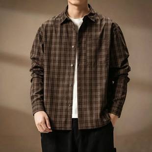 High-end American retro plaid pure cotton men's shirt, new spring and autumn style, simple, loose, casual, versatile shirt top