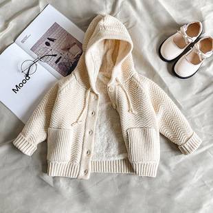 New Korean Style Knitted Sweater Plus Velvet Children's Sweatshirt Baby Thickened Fashionable Outwear Boys and Girls Hooded Knitwear