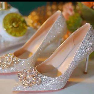French High Heels Summer Women's 2025 New Sequined Crystal Shoes Wedding Shoes Wedding Bride Shoes Main Wedding Shoes