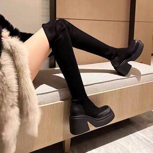 Cross-Border Foreign Trade Over-The-Knee Boots, Long Boots for Women, Slimming Thick-Soled Long Boots, High-Heeled High-Tube Elastic Slim Boots